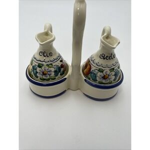 Aldo Fumanti Italy Handmade & Painted Pottery Oil & Vinegar With Caddy  READ